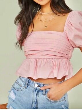Women’s Pink Puff Sleeve Square Neck Peplum Top
